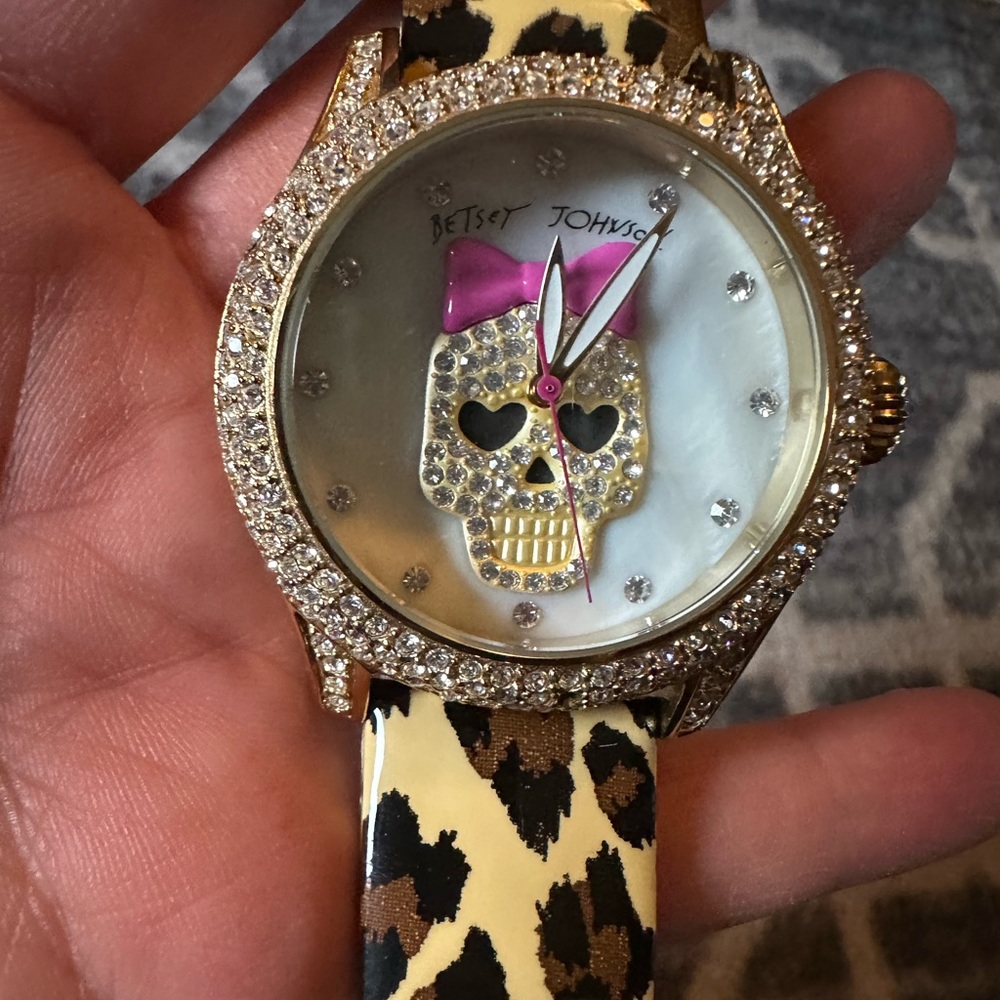 Betsy Johnson Skull watch with leopard band
